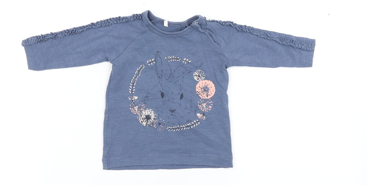 name it Girls Blue Cotton Basic T-Shirt Size 0-3 Months Round Neck Snap - Bunny