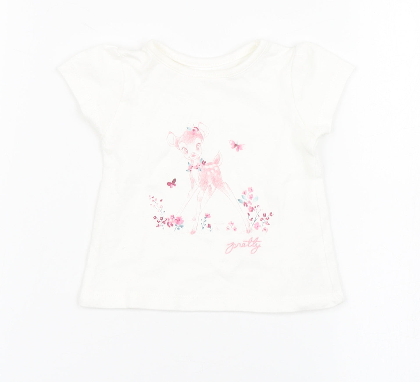 George Girls White  100% Cotton Basic T-Shirt Size Newborn Round Neck  - Bambi, Disney