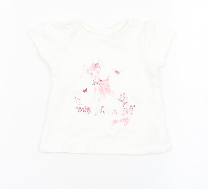 George Girls White 100% Cotton Basic T-Shirt Size Newborn Round Neck - Bambi, Disney