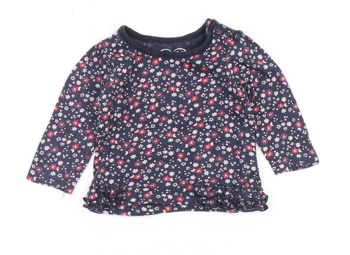 Earlydays Girls Blue Floral 100% Cotton Basic T-Shirt Size 0-3 Months Round Neck Snap - Flowers