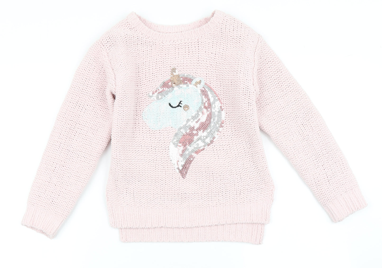 Dunnes Stores Girls Pink Round Neck  Polyester Pullover Jumper Size 7 Years   - Unicorn