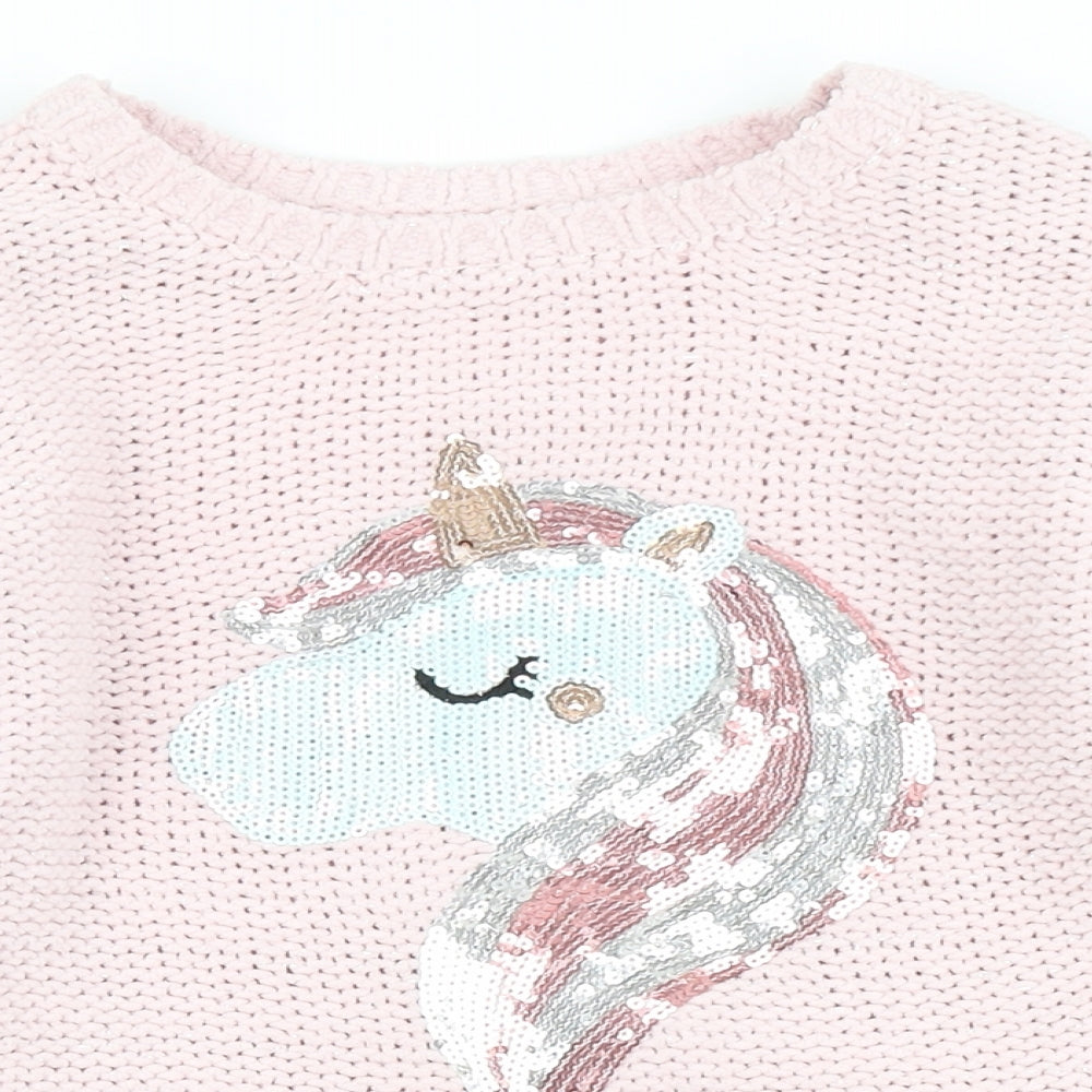 Dunnes Stores Girls Pink Round Neck  Polyester Pullover Jumper Size 7 Years   - Unicorn