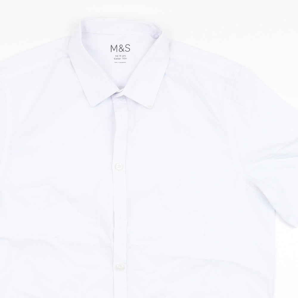 Marks and Spencer Boys White  Polyester Basic Button-Up Size 14-15 Years Round Neck Button - School Wear