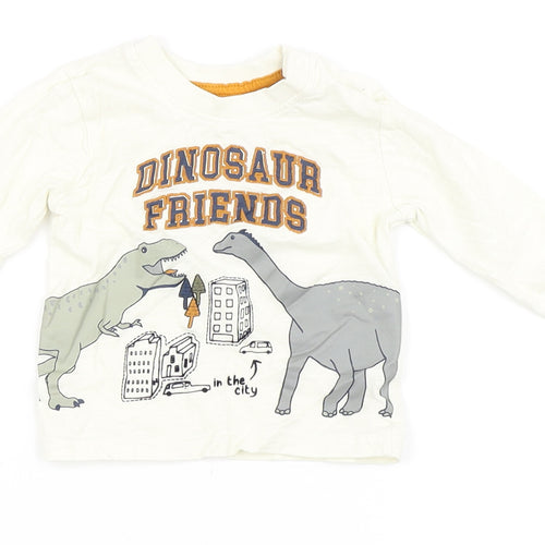 Primark Boys Ivory  100% Cotton Basic T-Shirt Size 3-6 Months Round Neck Snap - Dinosaur