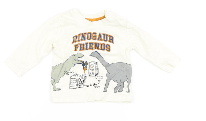 Primark Boys Ivory 100% Cotton Basic T-Shirt Size 3-6 Months Round Neck Snap - Dinosaur