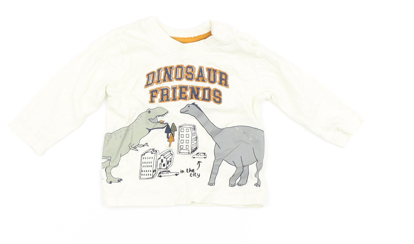 Primark Boys Ivory  100% Cotton Basic T-Shirt Size 3-6 Months Round Neck Snap - Dinosaur