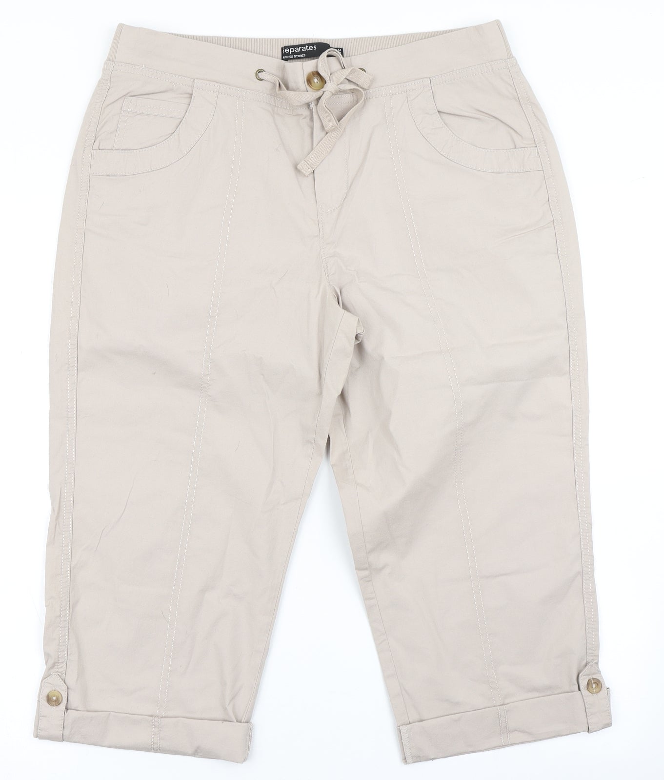 Dunnes Stores Womens Beige  Cotton Cropped Trousers Size 14 L22 in Regular Button