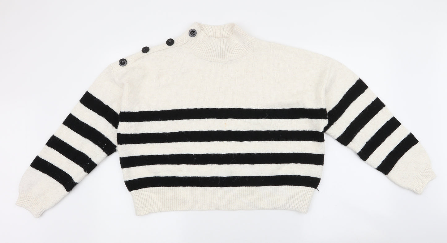 Primark Womens Ivory High Neck Striped Acrylic Pullover Jumper Size L   - Cropped Jumper