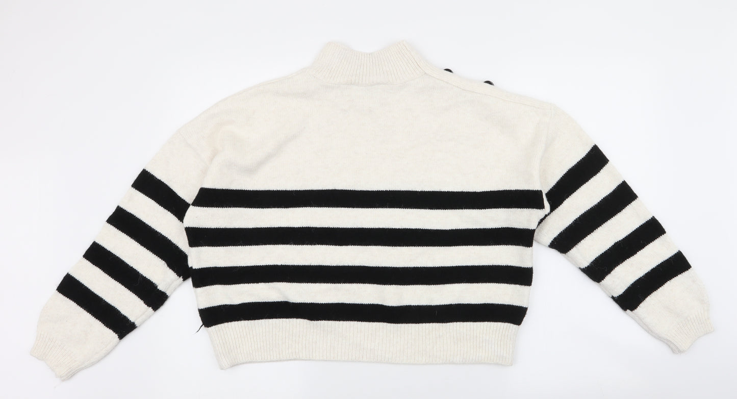 Primark Womens Ivory High Neck Striped Acrylic Pullover Jumper Size L   - Cropped Jumper