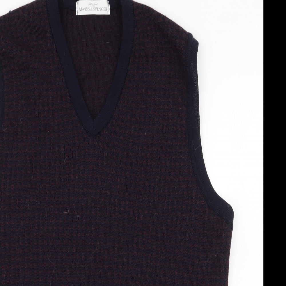 Marks and Spencer Mens Multicoloured V-Neck Check Wool Pullover Jumper Size M