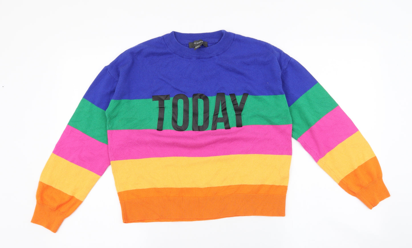 Primark Womens Multicoloured Round Neck Striped Cotton Pullover Jumper Size XS   - Today