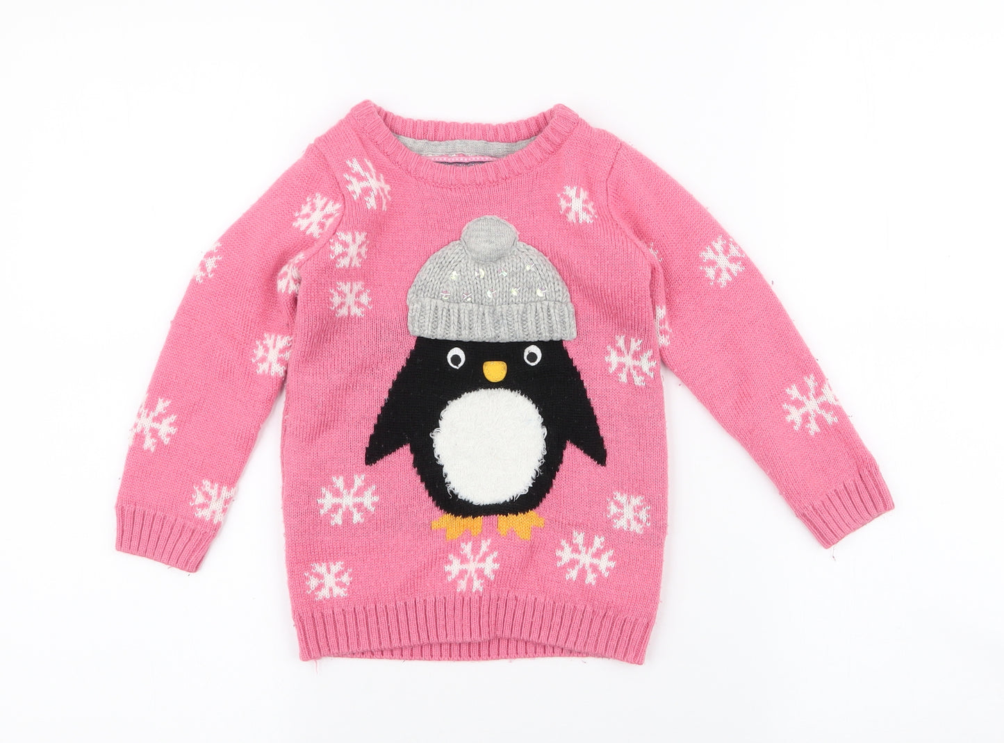 Young Dimension Girls Pink Round Neck  Acrylic Pullover Jumper Size 2-3 Years  Pullover - penguin , snowflake , christmas