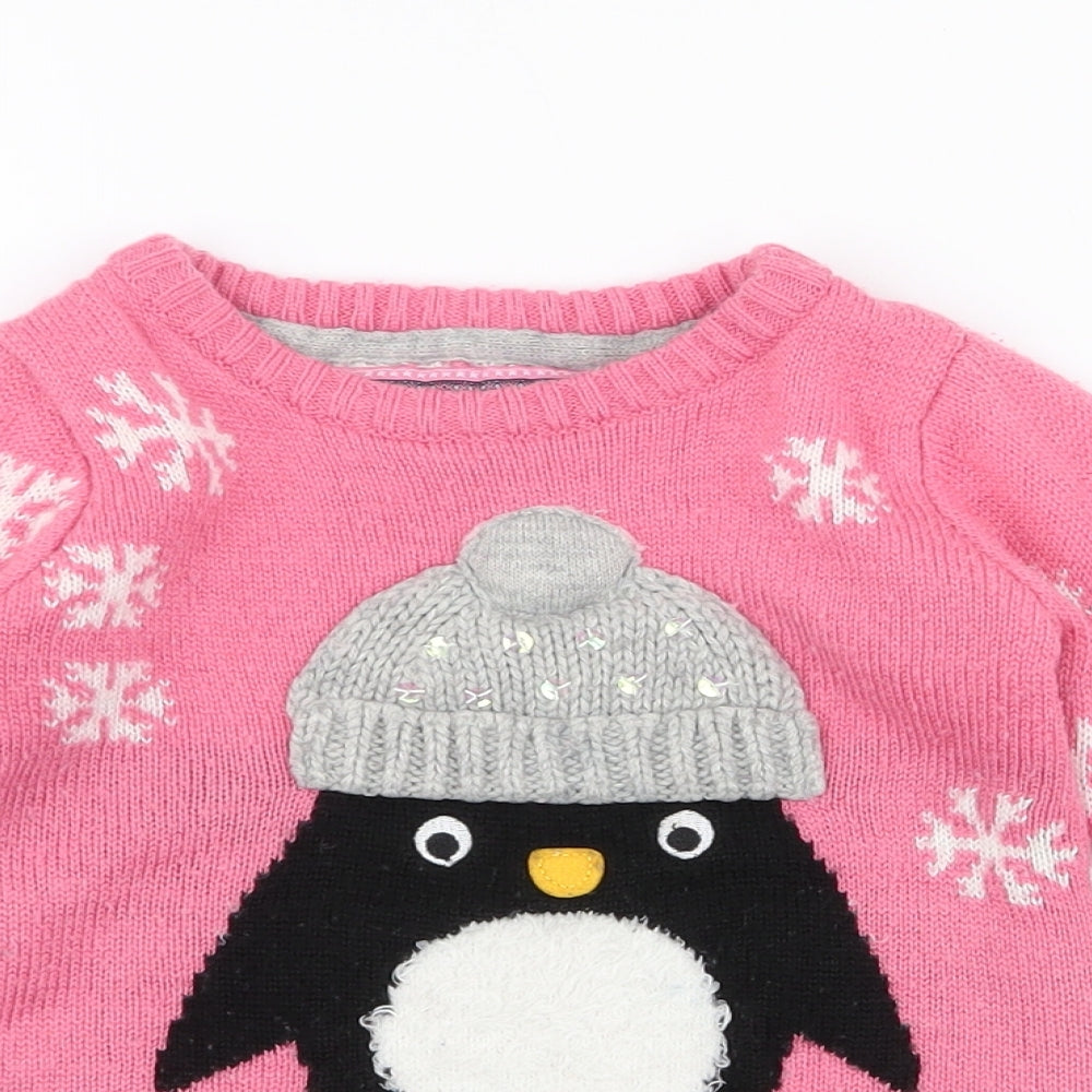 Young Dimension Girls Pink Round Neck  Acrylic Pullover Jumper Size 2-3 Years  Pullover - penguin , snowflake , christmas