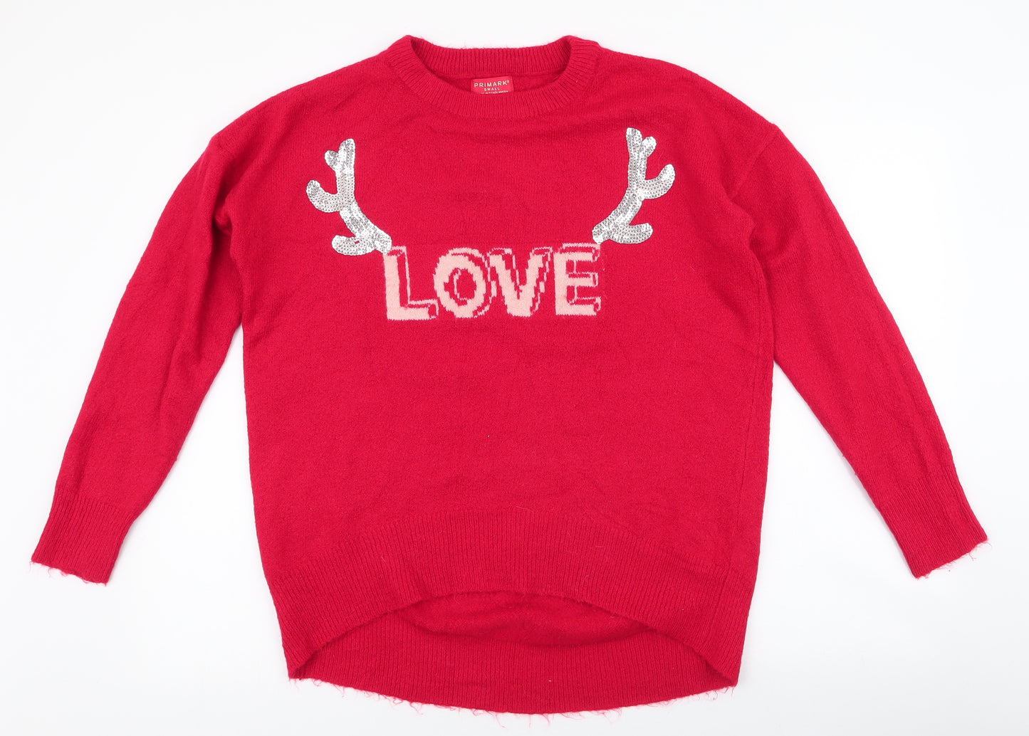 Primark Womens Red Round Neck  Acrylic Pullover Jumper Size S   - love , antlers