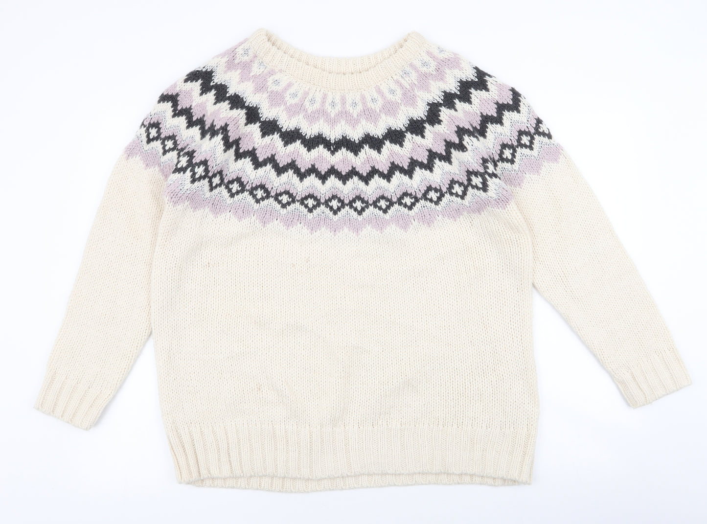 NEXT Womens Ivory Round Neck Fair Isle Acrylic Pullover Jumper Size L