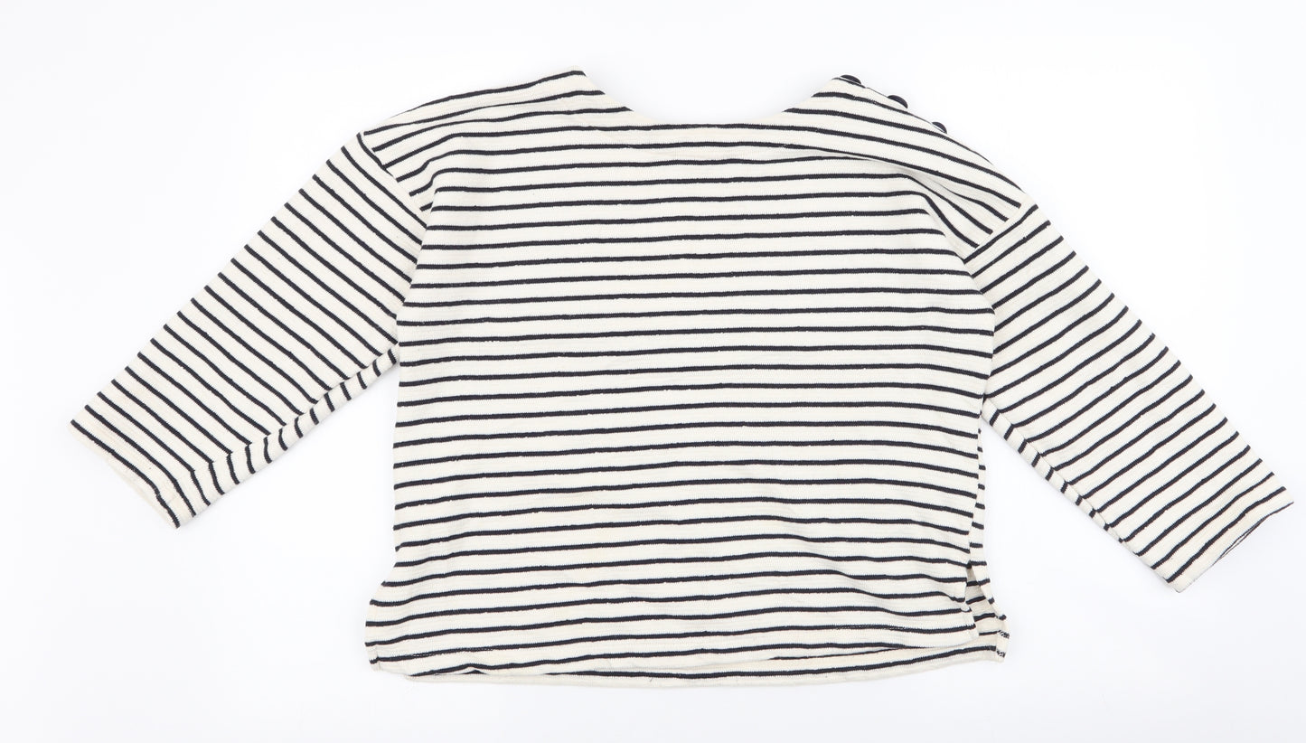 Mango Womens White Round Neck Striped Cotton Pullover Jumper Size M