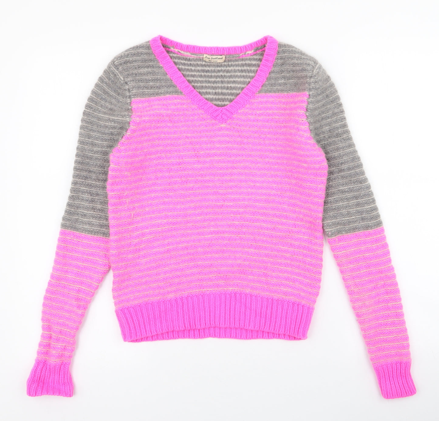 New Scotland Womens Pink V-Neck Striped 100% Cashmere Pullover Jumper Size L