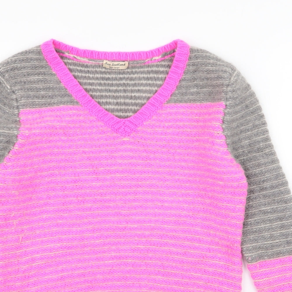 New Scotland Womens Pink V-Neck Striped 100% Cashmere Pullover Jumper Size L