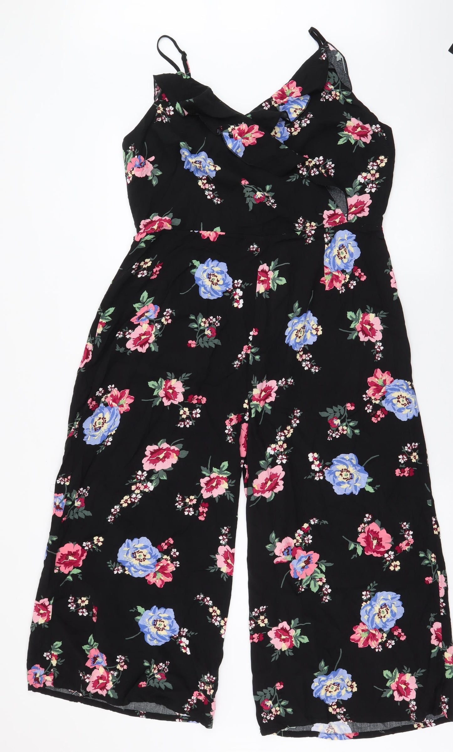 Primark Womens Black Floral Viscose Jumpsuit One-Piece Size 16 L20 in Zip - Culotte Jumpsuit