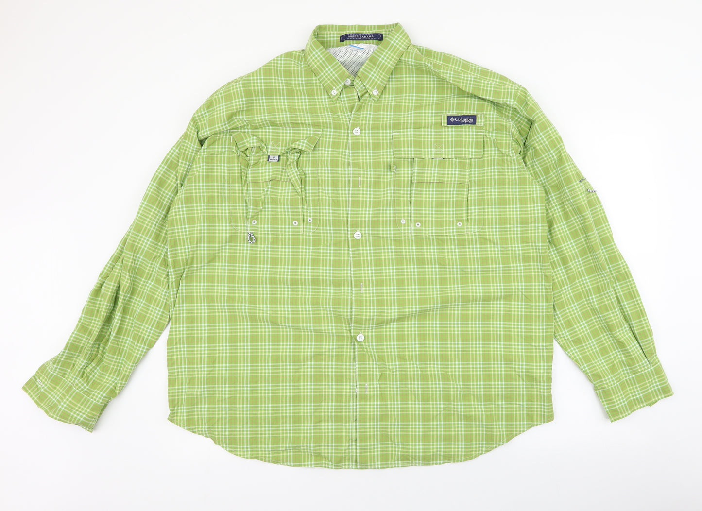 Columbia Mens Green Plaid Polyester  Button-Up Size L Collared Button