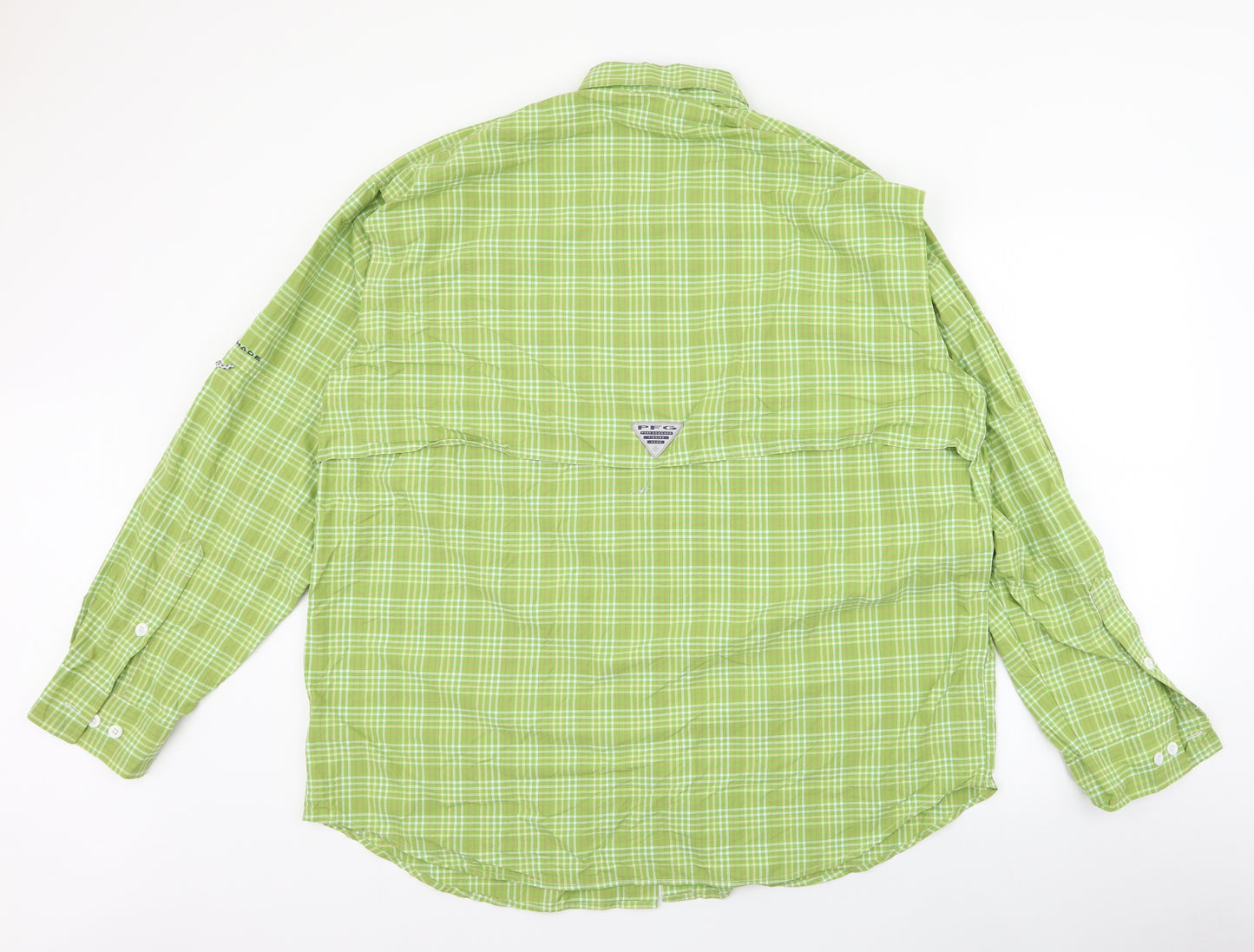 Columbia Mens Green Plaid Polyester  Button-Up Size L Collared Button