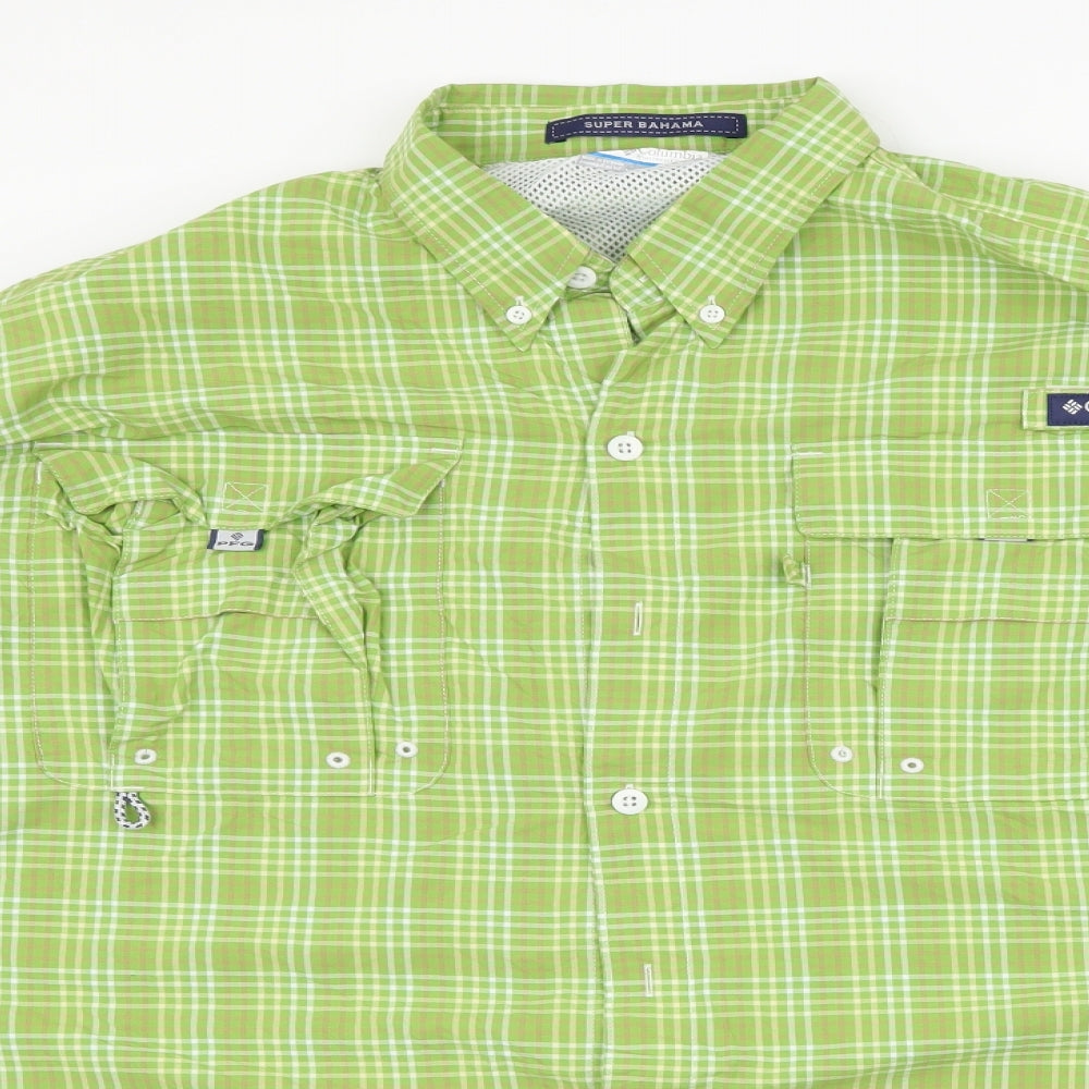 Columbia Mens Green Plaid Polyester  Button-Up Size L Collared Button