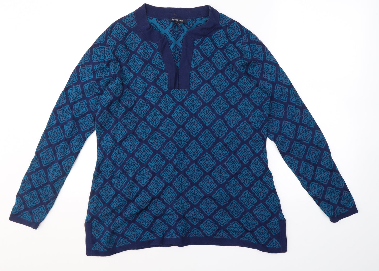 Lands' End Womens Blue V-Neck Geometric Cotton Pullover Jumper Size L