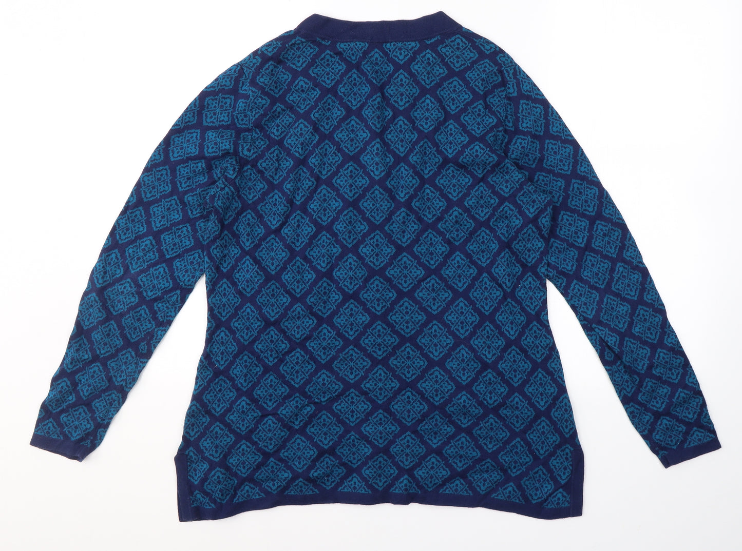 Lands' End Womens Blue V-Neck Geometric Cotton Pullover Jumper Size L