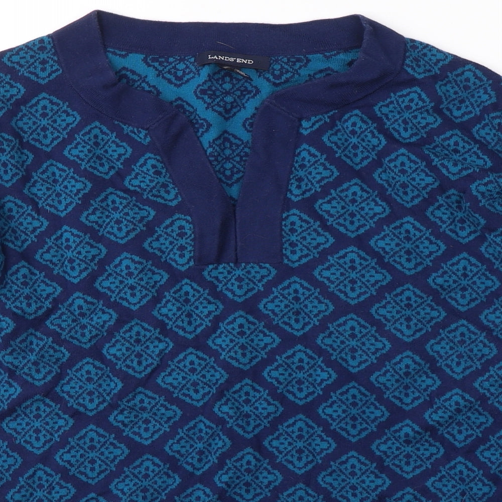 Lands' End Womens Blue V-Neck Geometric Cotton Pullover Jumper Size L