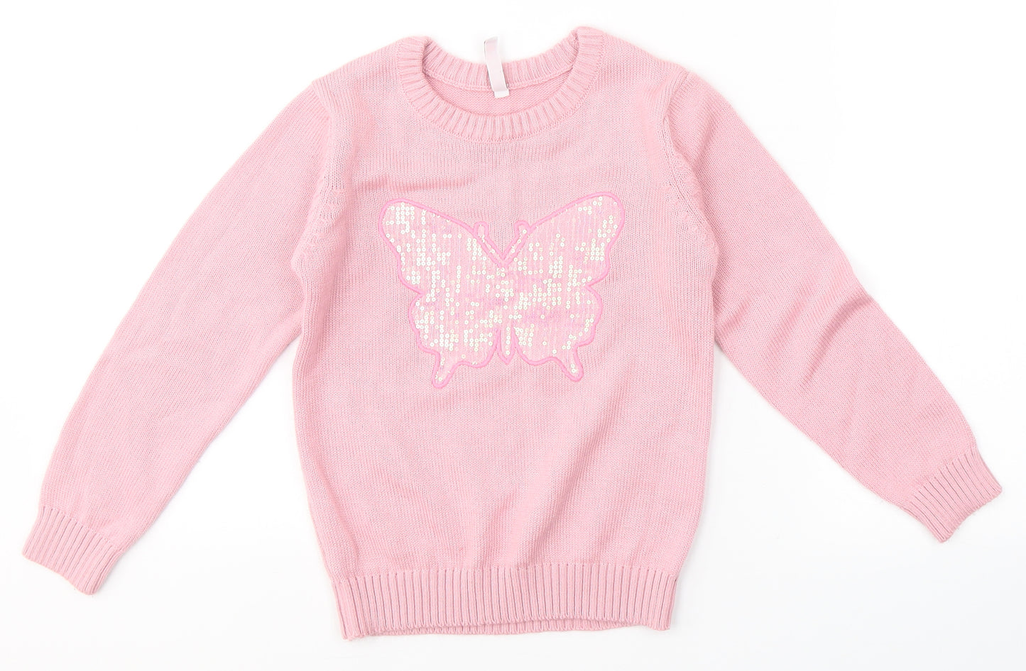 Chalk Girls Pink Round Neck  Acrylic Pullover Jumper Size 5-6 Years   - buttefly