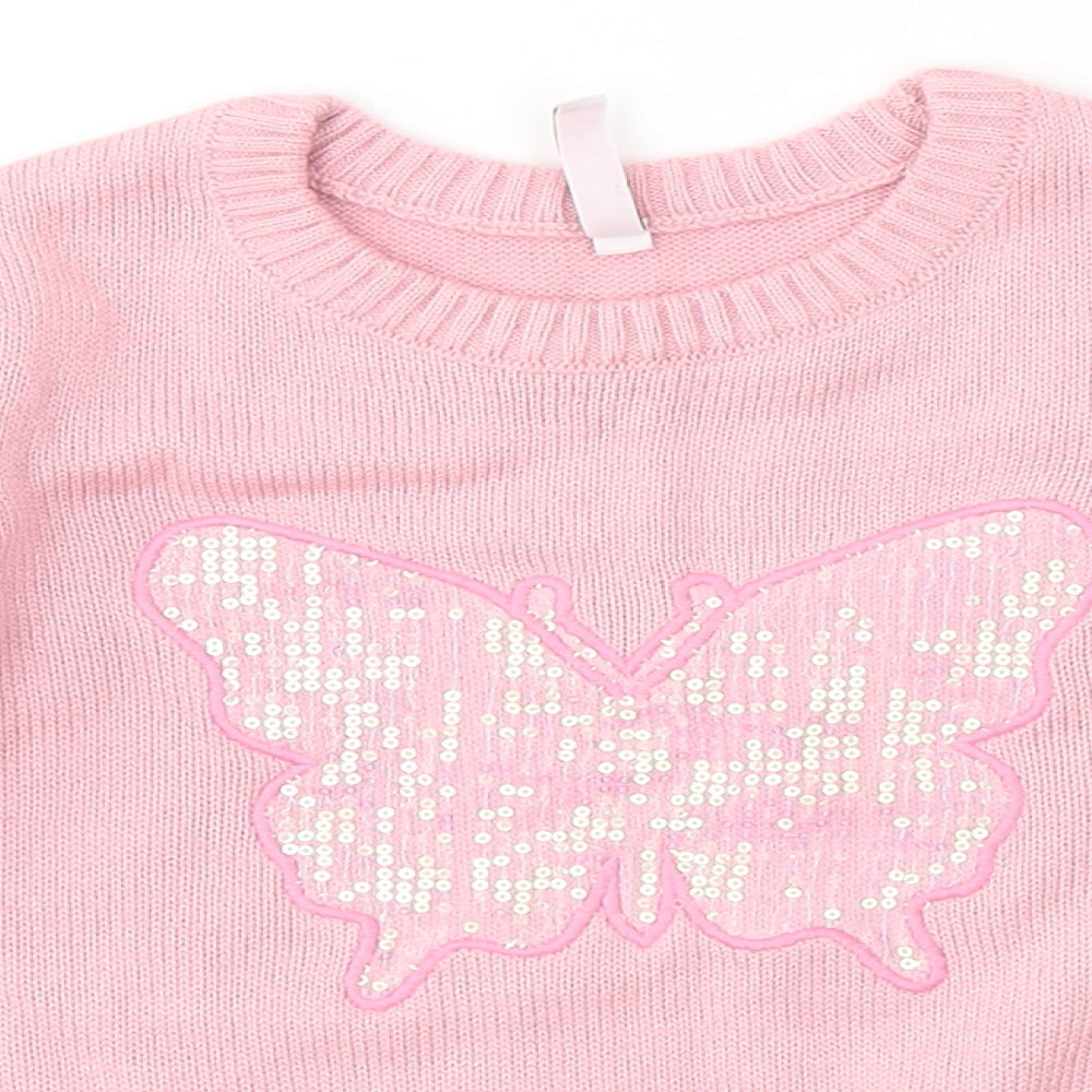 Chalk Girls Pink Round Neck  Acrylic Pullover Jumper Size 5-6 Years   - buttefly