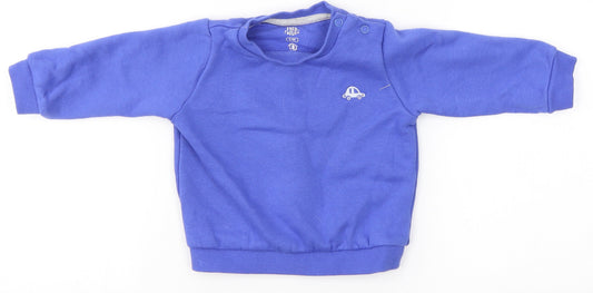Front view of F&F boys’ blue cotton jumper, size 3-6, months - car