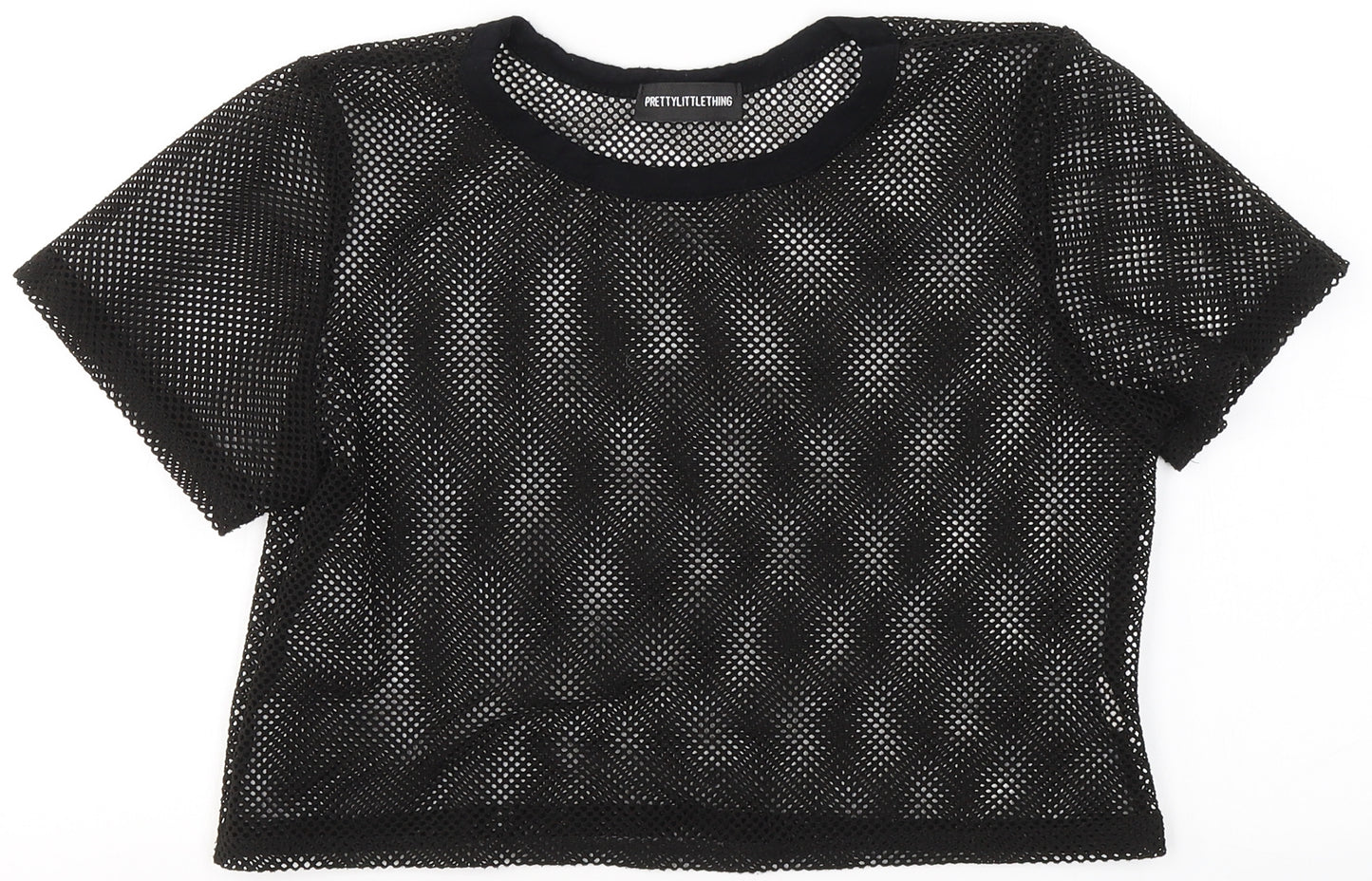 PRETTYLITTLETHING Womens Black  Polyester Basic T-Shirt Size 12 Round Neck - Crop top