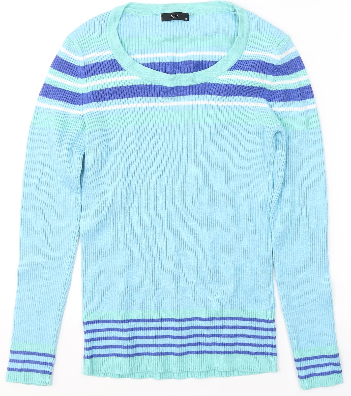 M&Co Womens Blue Round Neck Striped Viscose Pullover Jumper Size 10