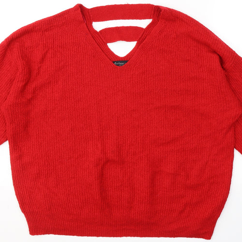 F&F Womens Red V-Neck  Acrylic Pullover Jumper Size 14