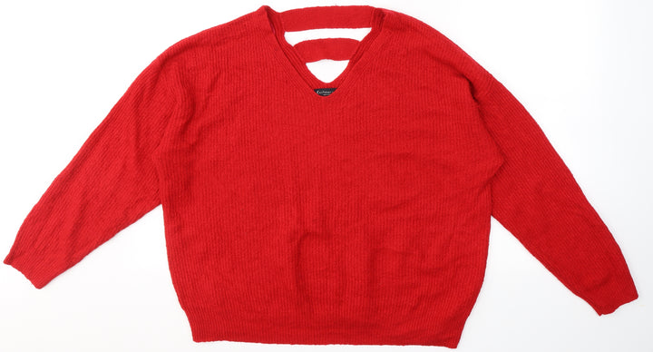 F&F Womens Red V-Neck Acrylic Pullover Jumper Size 14