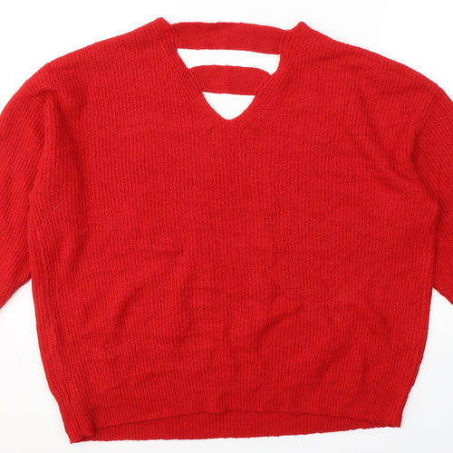 F&F Womens Red V-Neck  Acrylic Pullover Jumper Size 14