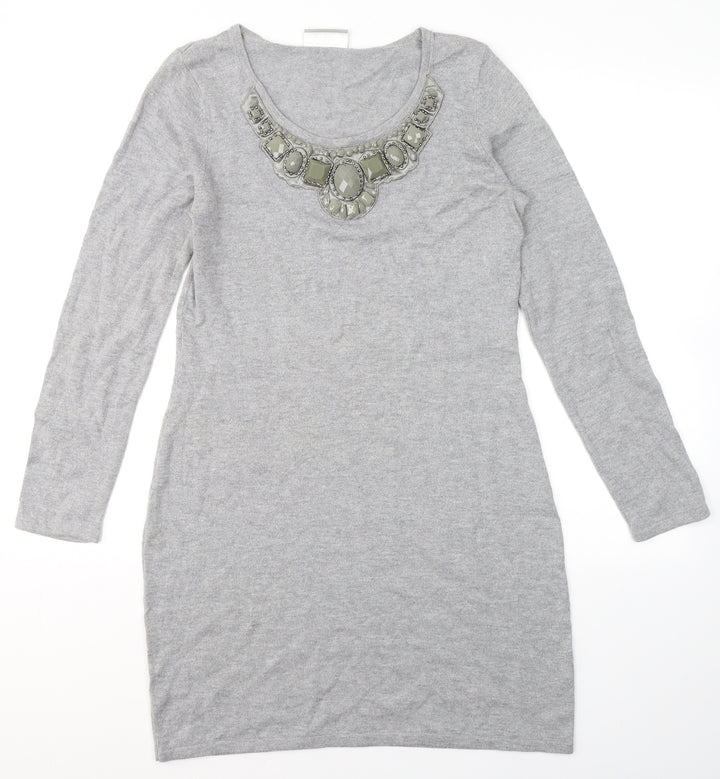 Wallis Womens Grey Cotton A-Line Size S Round Neck