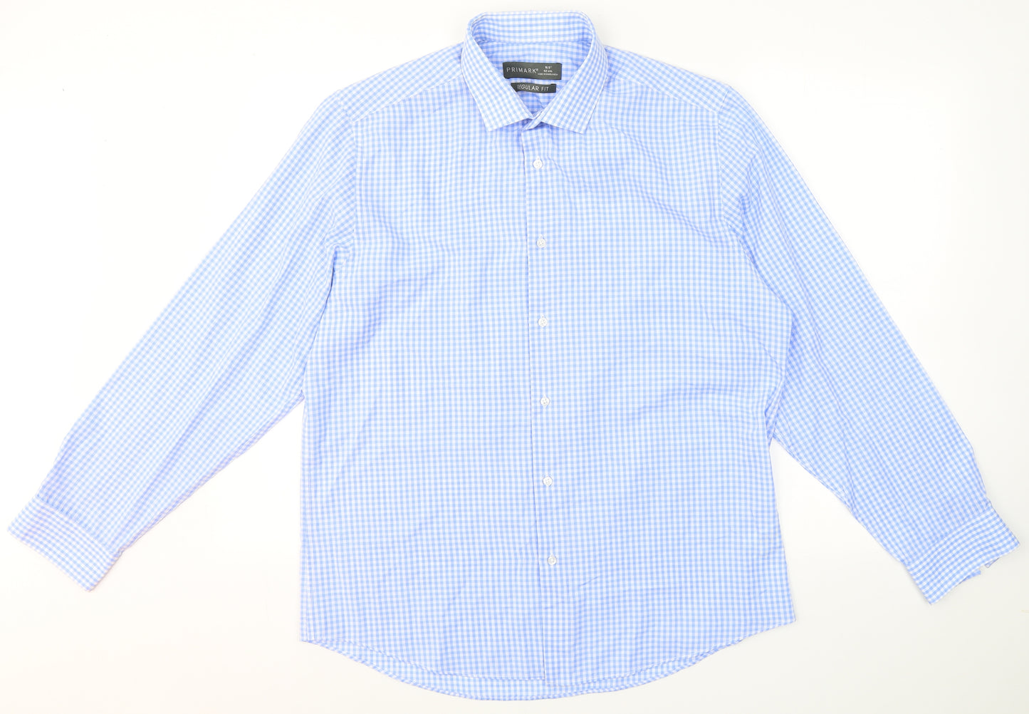 Primark Mens Blue Check Polyester  Button-Up Size 16.5 Collared