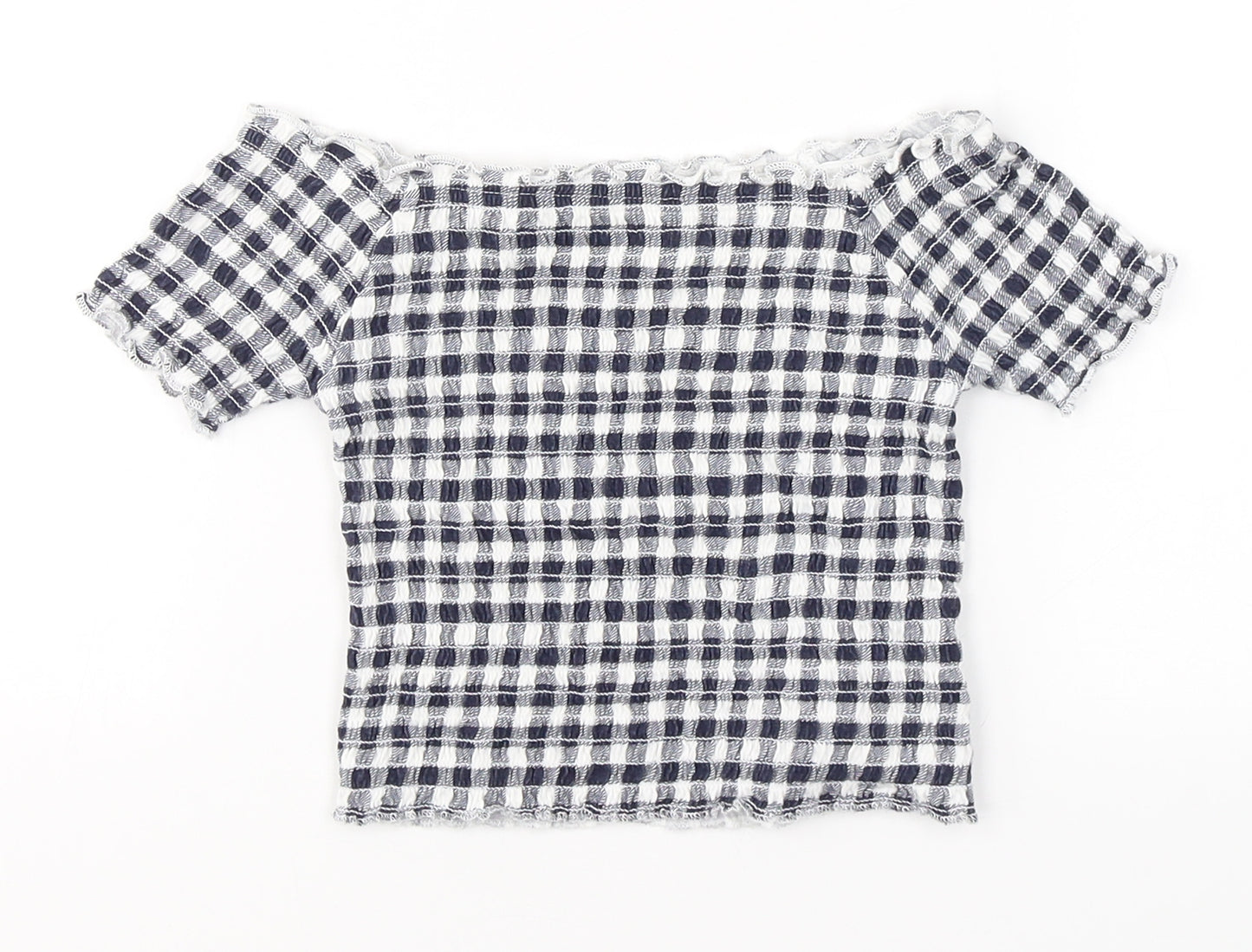 Primark Girls Blue Check Cotton Basic T-Shirt Size 6-7 Years Boat Neck