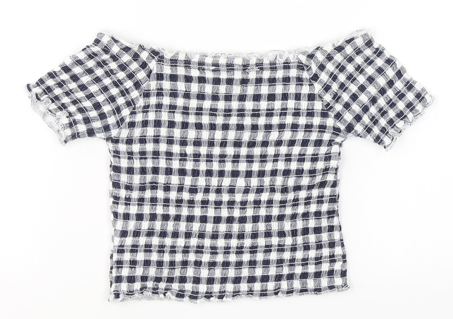 Primark Girls Blue Check Cotton Basic T-Shirt Size 6-7 Years Boat Neck