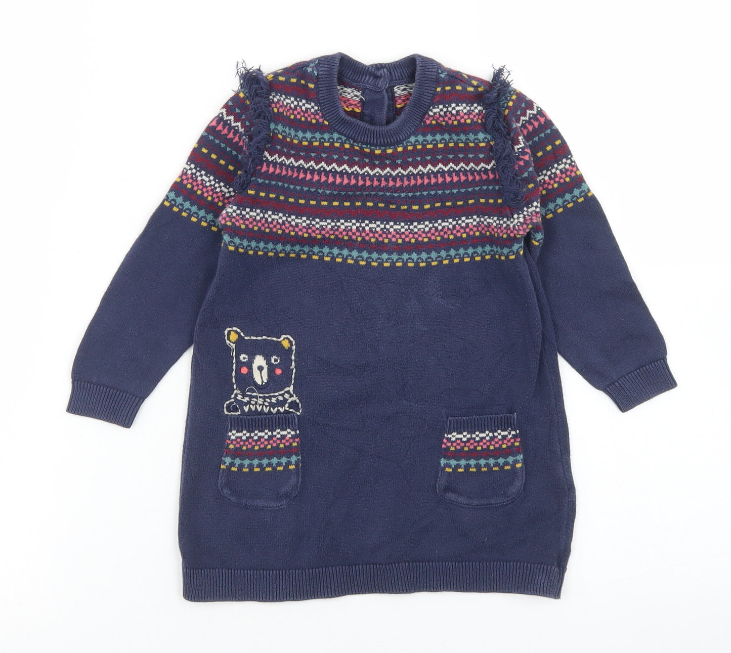 Marks and Spencer Girls Blue Fair Isle Cotton Jumper Dress  Size 9-12 Months  Crew Neck Button