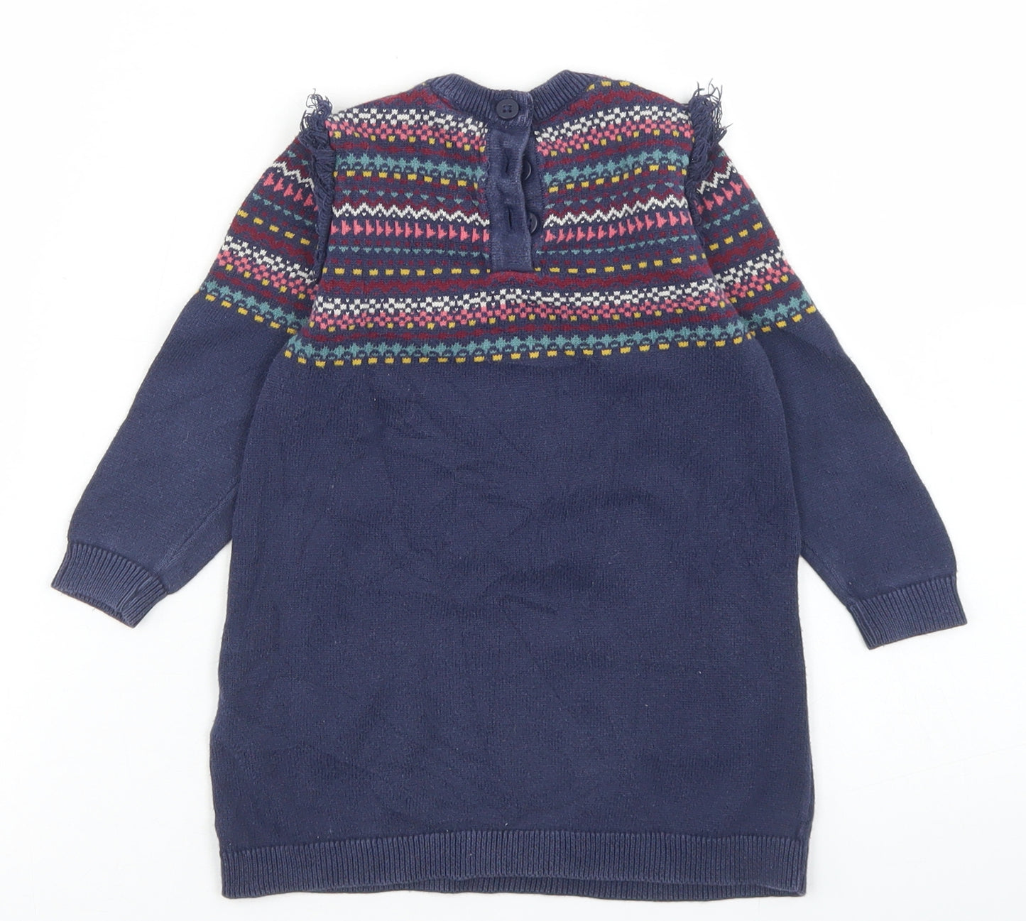Marks and Spencer Girls Blue Fair Isle Cotton Jumper Dress  Size 9-12 Months  Crew Neck Button