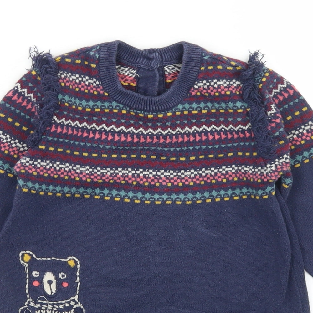 Marks and Spencer Girls Blue Fair Isle Cotton Jumper Dress  Size 9-12 Months  Crew Neck Button