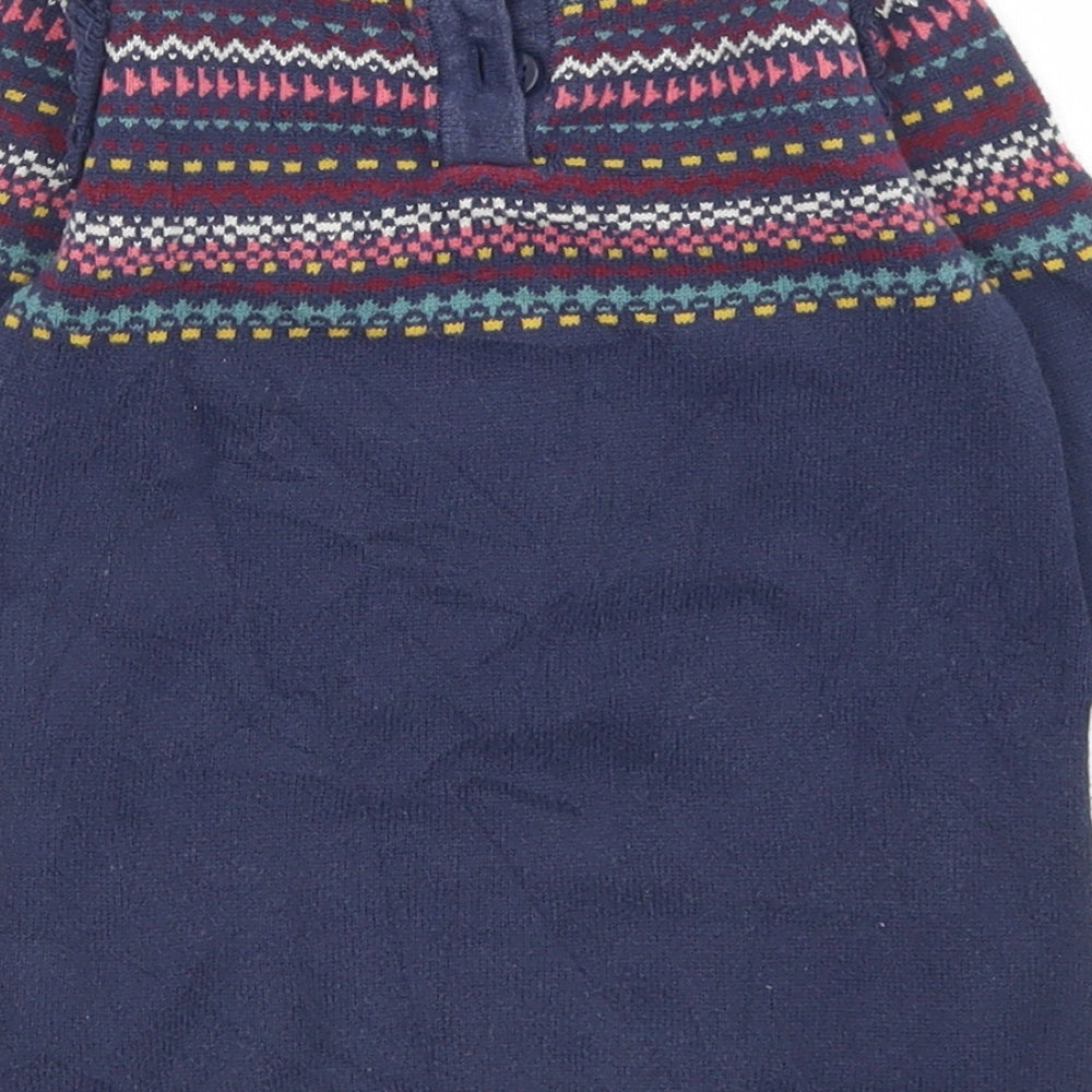Marks and Spencer Girls Blue Fair Isle Cotton Jumper Dress  Size 9-12 Months  Crew Neck Button