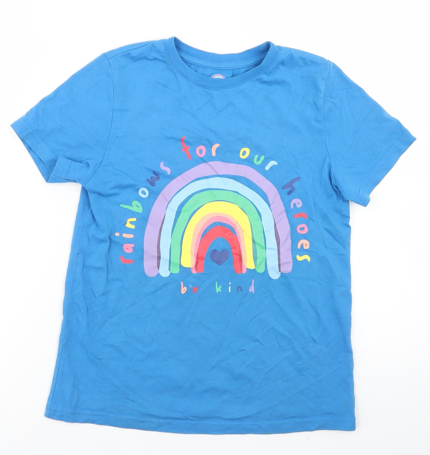F&F Boys Blue  Cotton Basic T-Shirt Size 7-8 Years Crew Neck  - Rainbow
