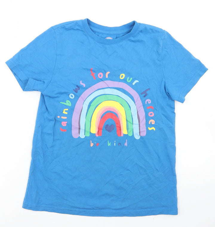 F&F Boys Blue  Cotton Basic T-Shirt Size 7-8 Years Crew Neck  - Rainbow