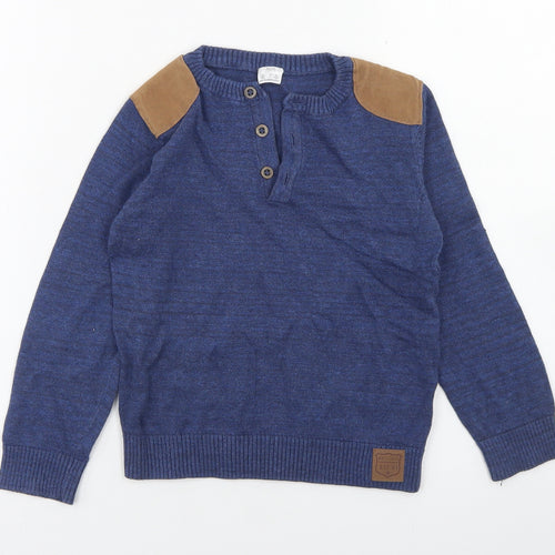 F&F Boys Blue Henley  Cotton Pullover Jumper Size 5-6 Years