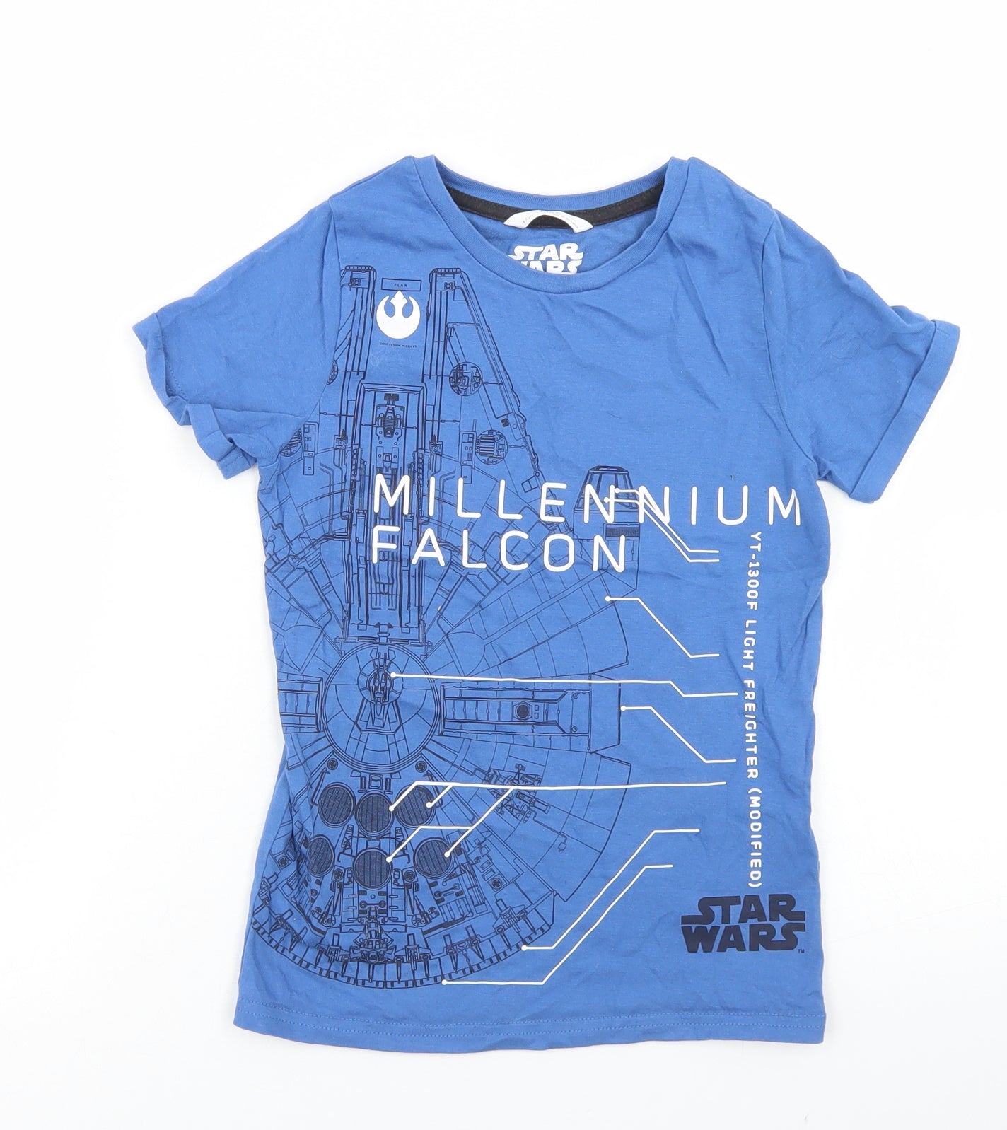 Marks and Spencer Boys Blue  Cotton Basic T-Shirt Size 6-7 Years Crew Neck  - Millennium Falcon