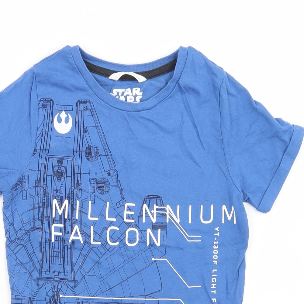 Marks and Spencer Boys Blue  Cotton Basic T-Shirt Size 6-7 Years Crew Neck  - Millennium Falcon